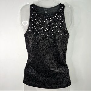NEW Le Chateau Semi Sheer Metallic Black Tank Top Bejewelled faux Diamonds XXS